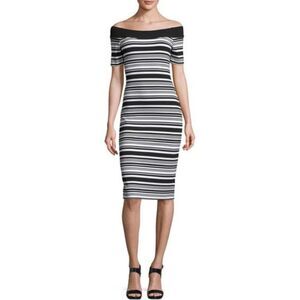 Michael Kors Navy Blue White Striped Off Shoulder Sheath Dress Ribbed Knit Small